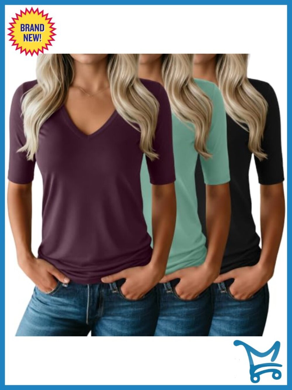 Women's Half Sleeve V Neck T-Shirts 3 Pack Slim Fit Tunic Summer Tee